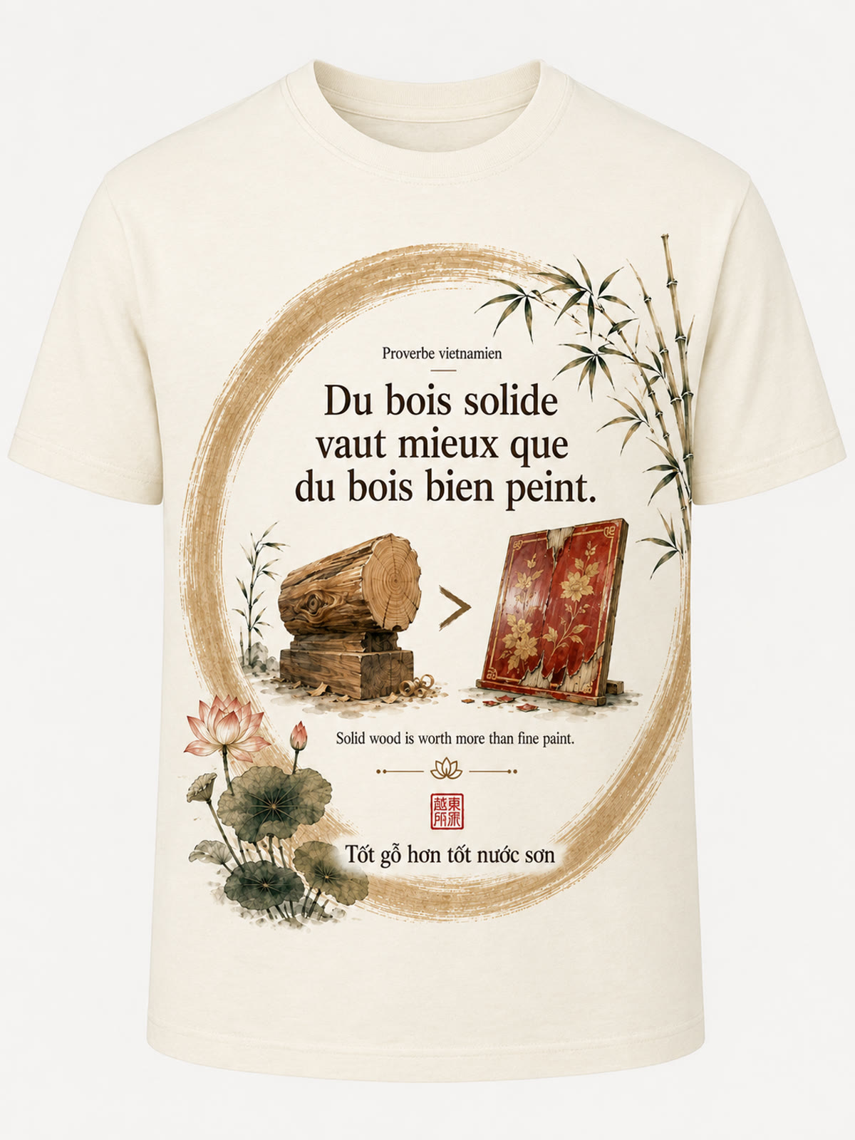 Tee-shirt Viet-Âme, proverbe Du bois solide vaut mieux que du bois bien peint