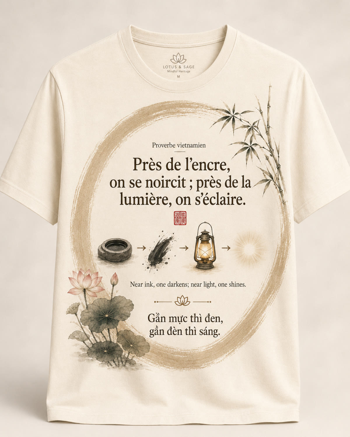 Tee-shirt Viet-Âme, proverbe Près de l'encre on se noircit près de la lumière on s'éclaire