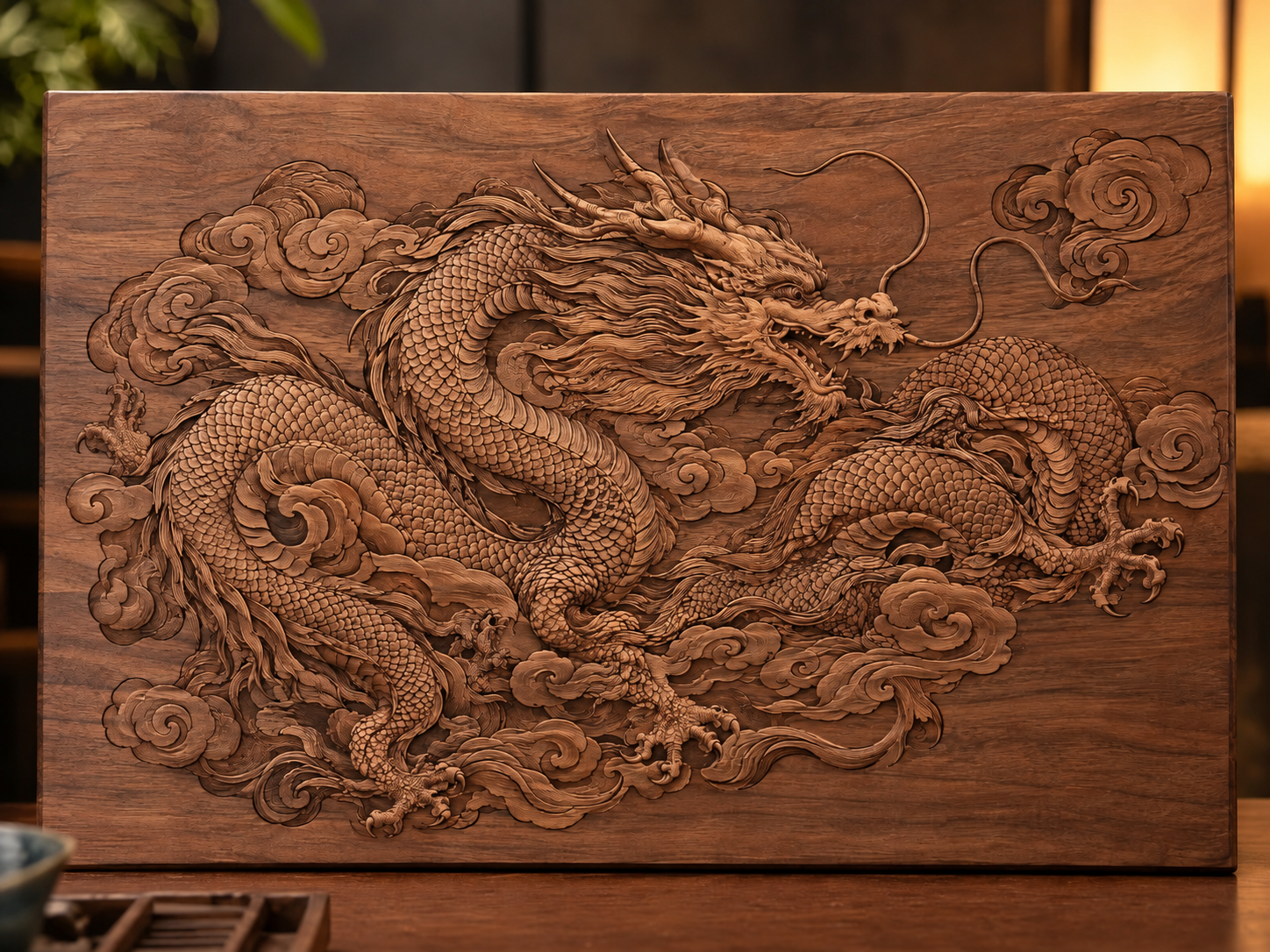 Dragon vietnamien gravé au laser sur bois de noyer